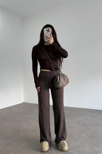 Oys. Modal Likralı Yüksek Belli Kahve Spor Pantolonu