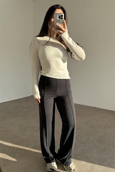 Oys. Modal Likralı Yüksek Belli Nervürlü Antrasit Spor Pantolonu