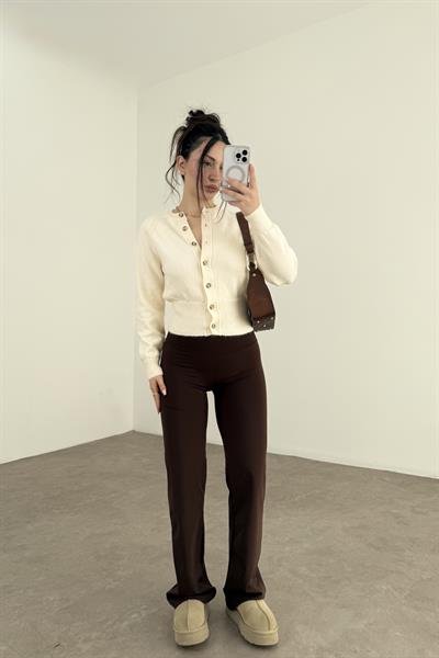 Oys. Toparlayıcı Kahve Düz Kesim Tayt Pantolon