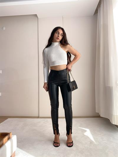 Paça Fermuar Fetaylı Deri Pantolon (siyah)