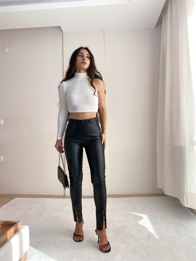 Paça Fermuar Fetaylı Deri Pantolon (siyah)