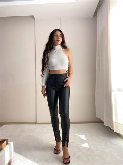 Paça Fermuar Fetaylı Deri Pantolon (siyah)