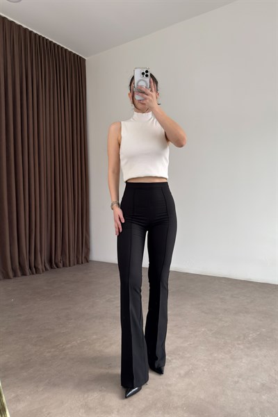 Paçası Fermuar Detaylı Siyah Flare Kumaş Pantolon