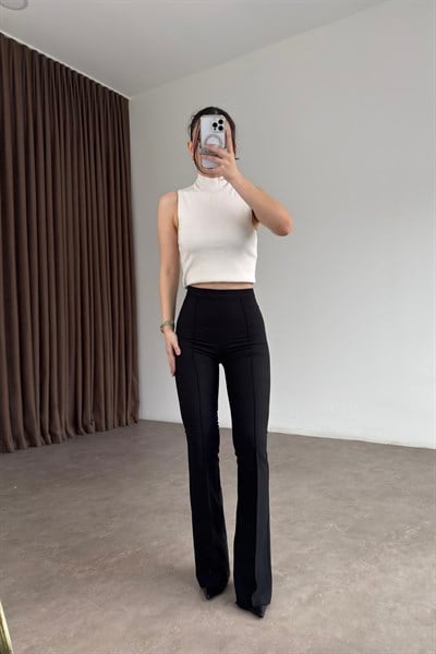 Paçası Fermuar Detaylı Siyah Flare Kumaş Pantolon