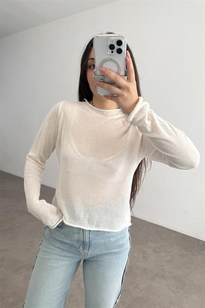 Pamuklu Örme Dökümlü Yarı Transparan Beyaz Bluz