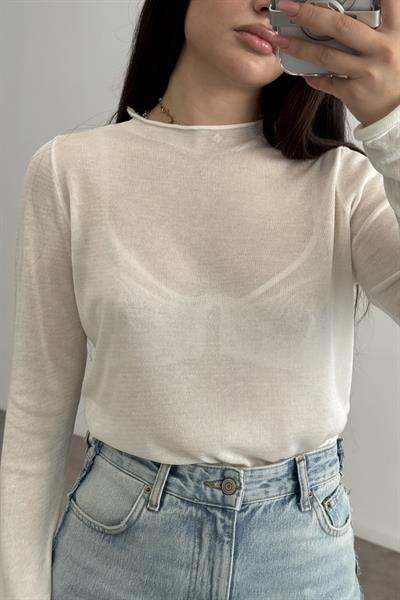 Pamuklu Örme Dökümlü Yarı Transparan Beyaz Bluz