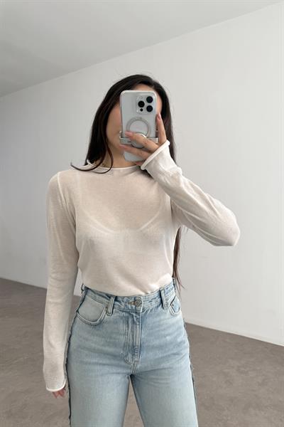 Pamuklu Örme Dökümlü Yarı Transparan Beyaz Bluz