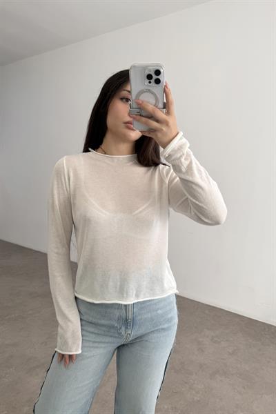 Pamuklu Örme Dökümlü Yarı Transparan Beyaz Bluz