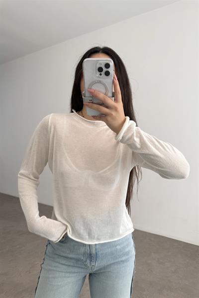 Pamuklu Örme Dökümlü Yarı Transparan Beyaz Bluz