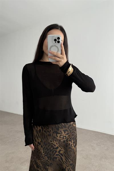 Pamuklu Örme Dökümlü Yarı Transparan Siyah Bluz