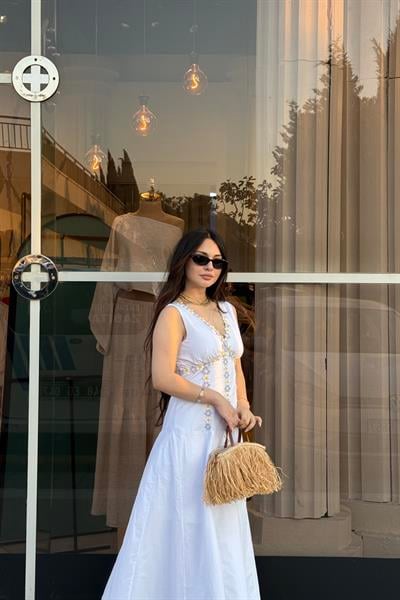 Papatya Midi  Beyaz Elbise