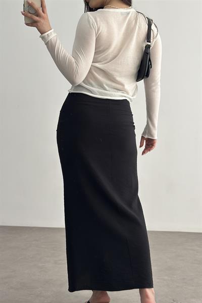 Pareo Model Büzgülü Siyah Midi Etek