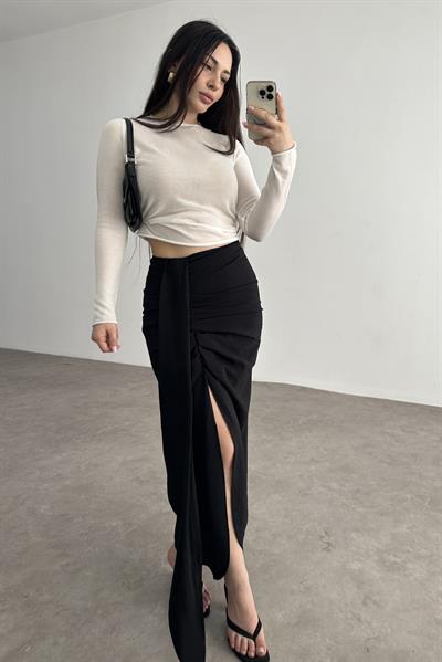 Pareo Model Büzgülü Siyah Midi Etek