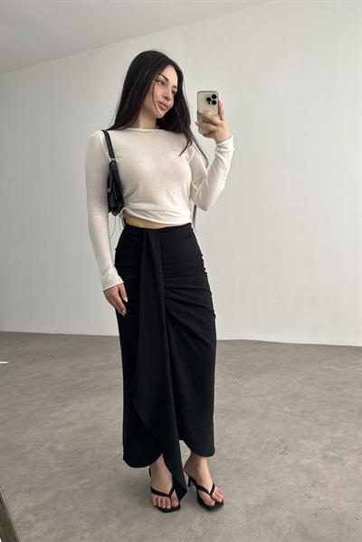 Pareo Model Büzgülü Siyah Midi Etek