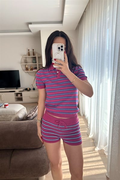 PB Orijinal Mavi Çizgili Pembe Merserize Örgü Takım