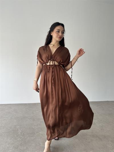 Pencere Detaylı Kahve Elbise