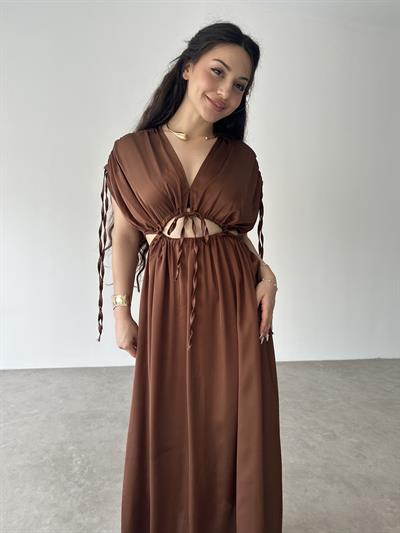 Pencere Detaylı Kahve Elbise