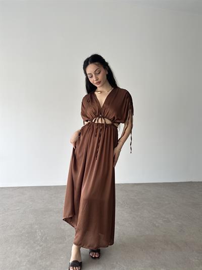 Pencere Detaylı Kahve Elbise