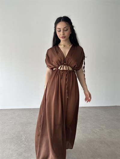 Pencere Detaylı Kahve Elbise