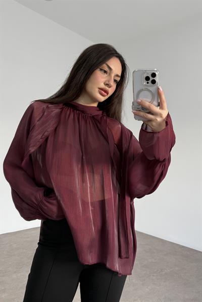 Peri Kumaş Bağlama Detaylı Bordo Şık Bluz