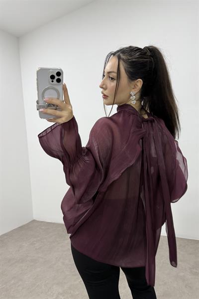 Peri Kumaş Bağlama Detaylı Bordo Şık Bluz