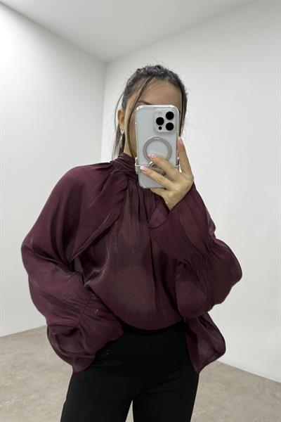 Peri Kumaş Bağlama Detaylı Bordo Şık Bluz