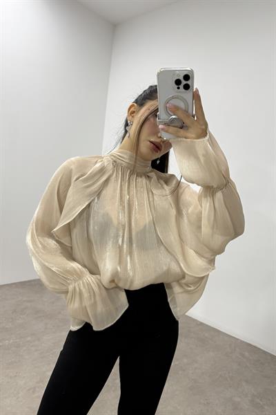 Peri Kumaş Bağlama Detaylı Ekru Şık Bluz