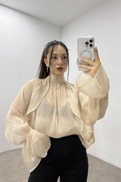 Peri Kumaş Bağlama Detaylı Ekru Şık Bluz