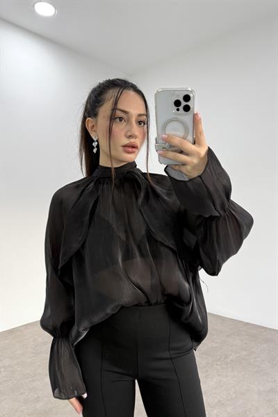 Peri Kumaş Bağlama Detaylı Siyah Şık Bluz