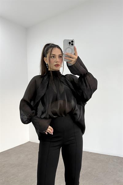 Peri Kumaş Bağlama Detaylı Siyah Şık Bluz