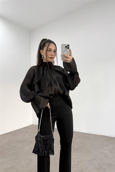 Peri Kumaş Bağlama Detaylı Siyah Şık Bluz