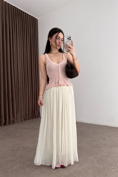 Piliseli Ekru Şifon Etek 