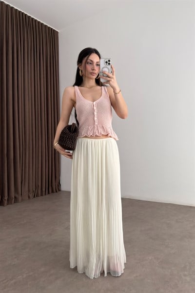 Piliseli Ekru Şifon Etek 