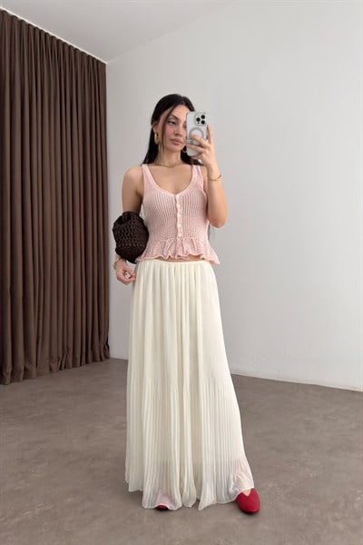 Piliseli Ekru Şifon Etek 
