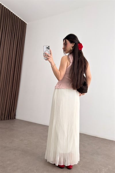 Piliseli Ekru Şifon Etek 