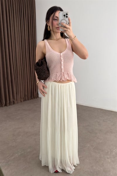 Piliseli Ekru Şifon Etek 