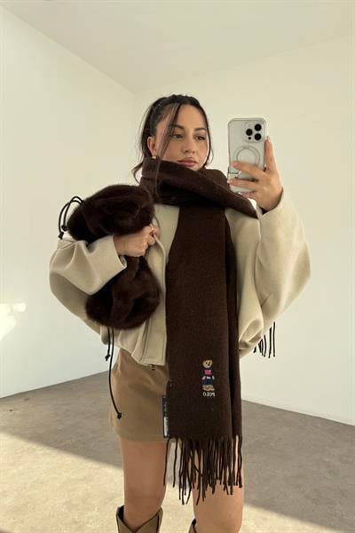 PL RL Yünlü Loogolu Atkı Kahve