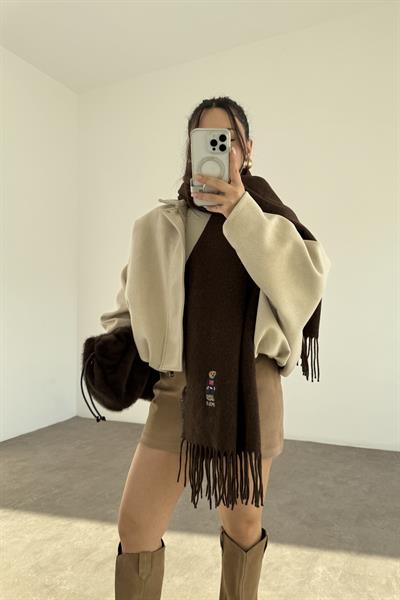 PL RL Yünlü Loogolu Atkı Kahve