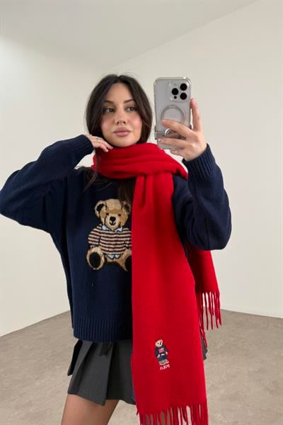 PL RL Yünlü Loogolu Atkı Kırmızı