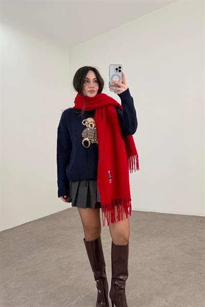 PL RL Yünlü Loogolu Atkı Kırmızı