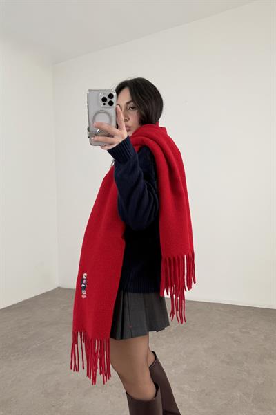 PL RL Yünlü Loogolu Atkı Kırmızı