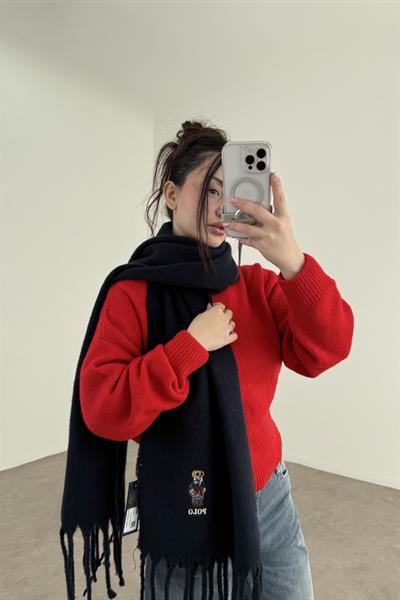 PL RL Yünlü Loogolu Atkı Lacivert