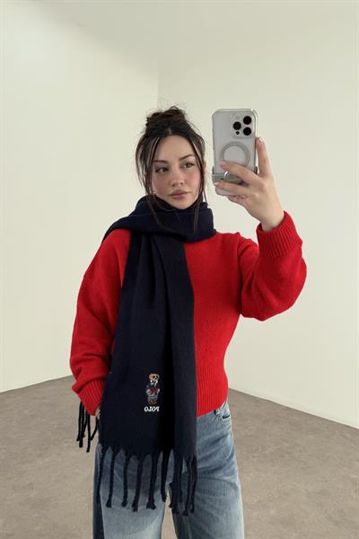 PL RL Yünlü Loogolu Atkı Lacivert