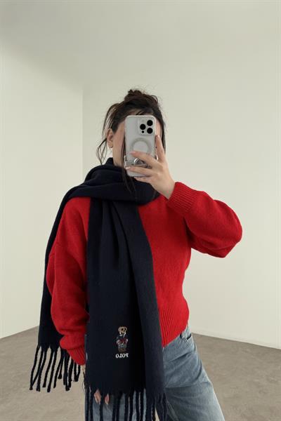 PL RL Yünlü Loogolu Atkı Lacivert