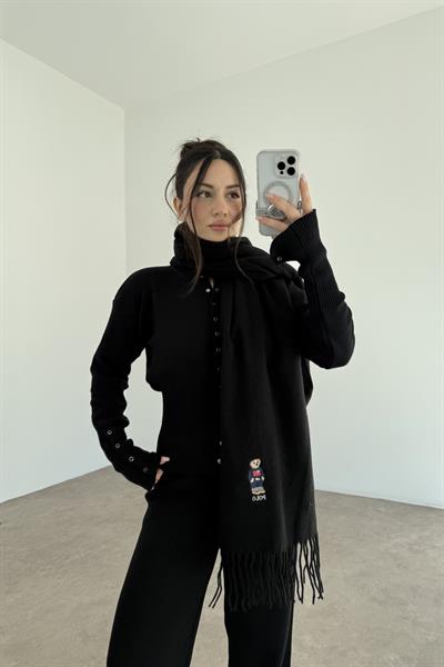 PL RL Yünlü Loogolu Atkı Siyah