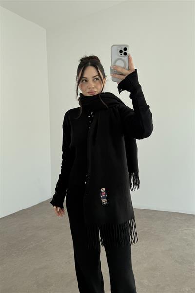 PL RL Yünlü Loogolu Atkı Siyah