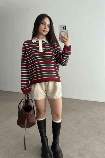 Pola Yaka Düğmeli Bordo Çizgili Triko Kazak