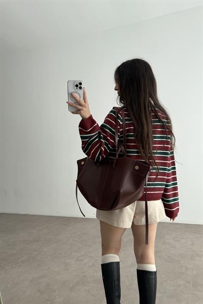 Pola Yaka Düğmeli Bordo Çizgili Triko Kazak