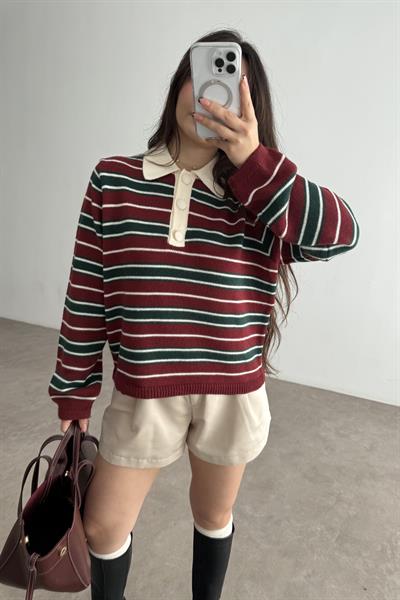 Pola Yaka Düğmeli Bordo Çizgili Triko Kazak