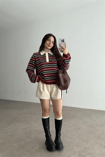 Pola Yaka Düğmeli Bordo Çizgili Triko Kazak